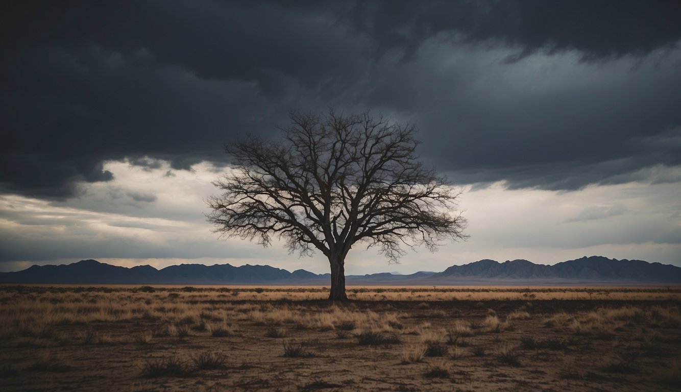 A lone tree stands tall in a barren landscape, its branches reaching outwards as if in anticipation. The sky above is dark and brooding, hinting at the spiritual battle being waged in the waiting