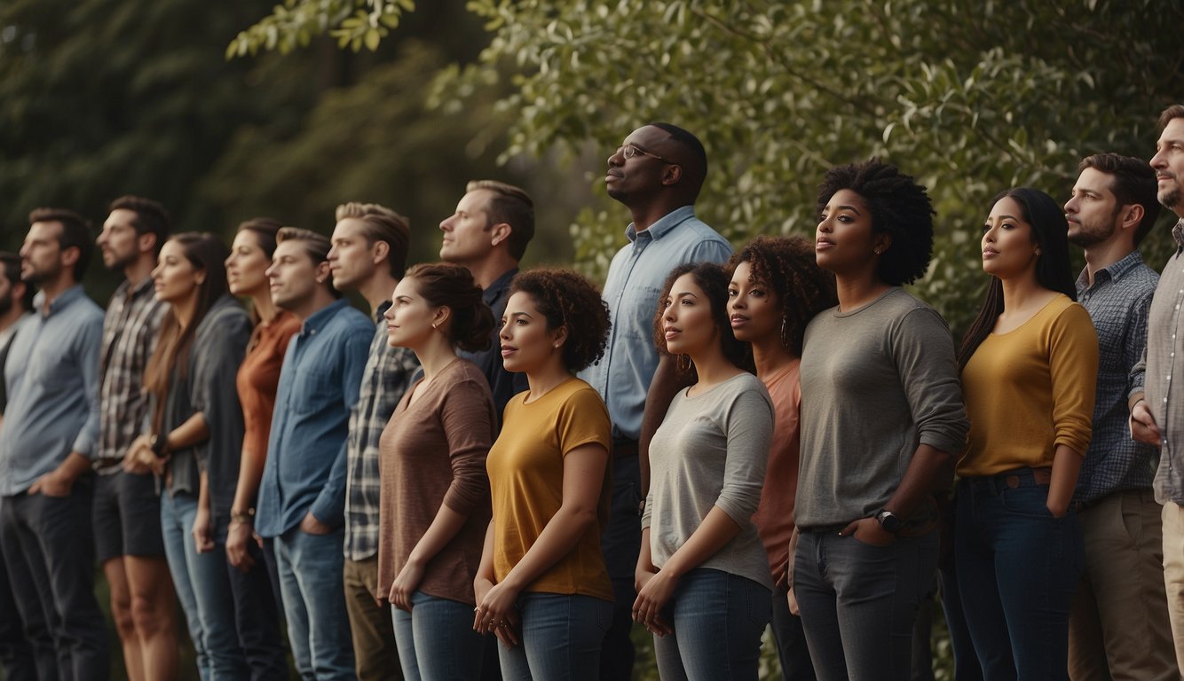 A group of diverse individuals stand in a line, looking upwards with hopeful anticipation. The atmosphere is charged with a sense of patience and expectation, as if they are on the brink of receiving something beyond their wildest dreams