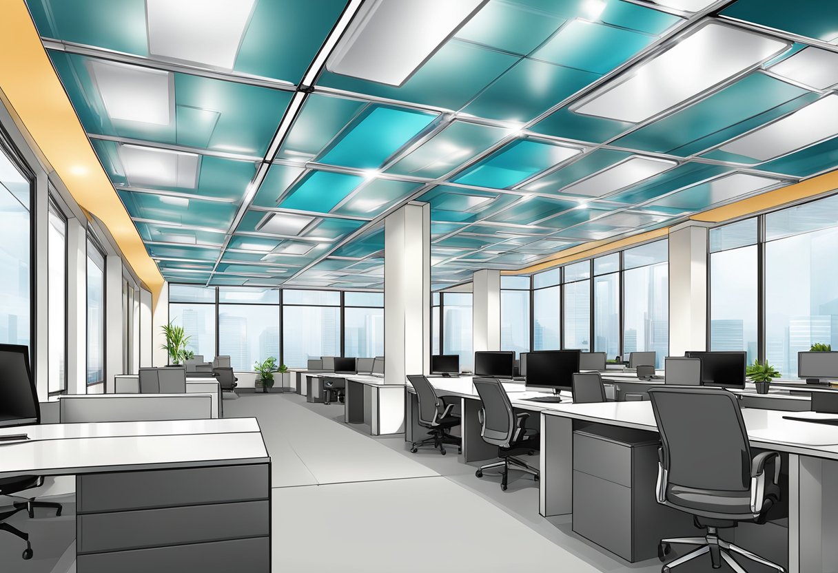 An aluminum panel ceiling reflects overhead lights in a modern office space