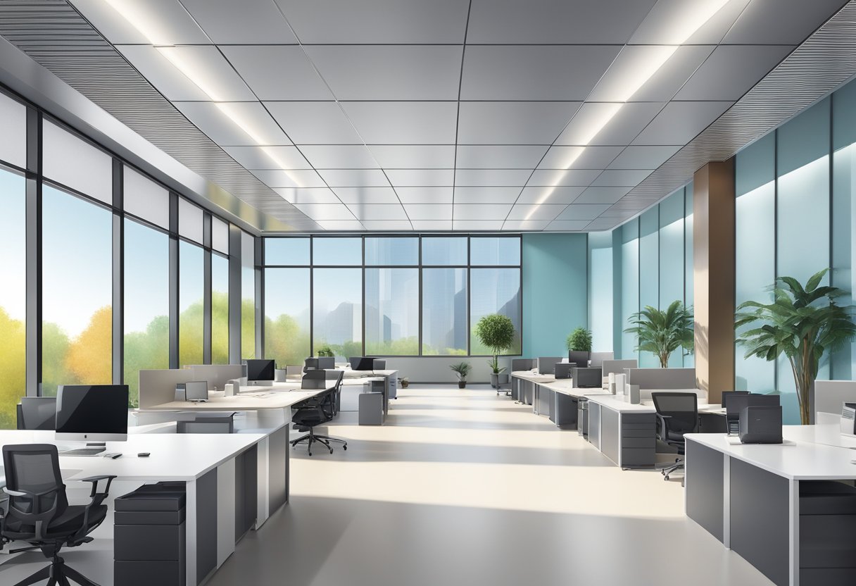 An office with sleek aluminum panel ceilings, reflecting light and creating a modern, clean aesthetic