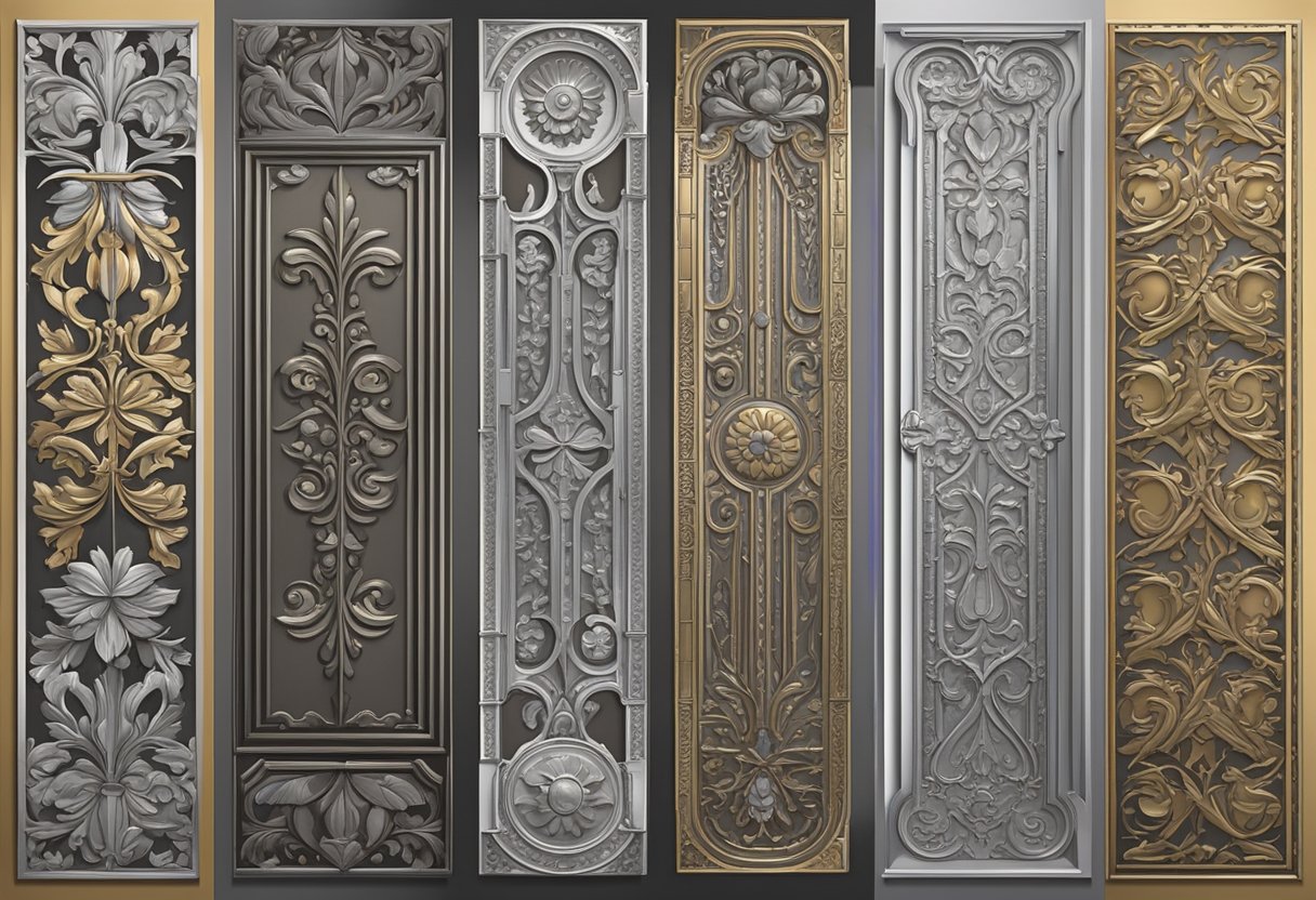 Decorative aluminum panels arranged in historical timeline, showing evolution of designs and patterns