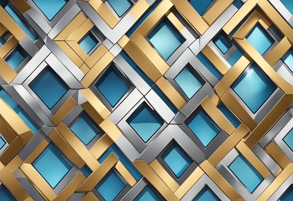 Various decorative aluminum panels arranged in a grid pattern on a modern building facade. The panels feature intricate geometric designs and a sleek metallic finish