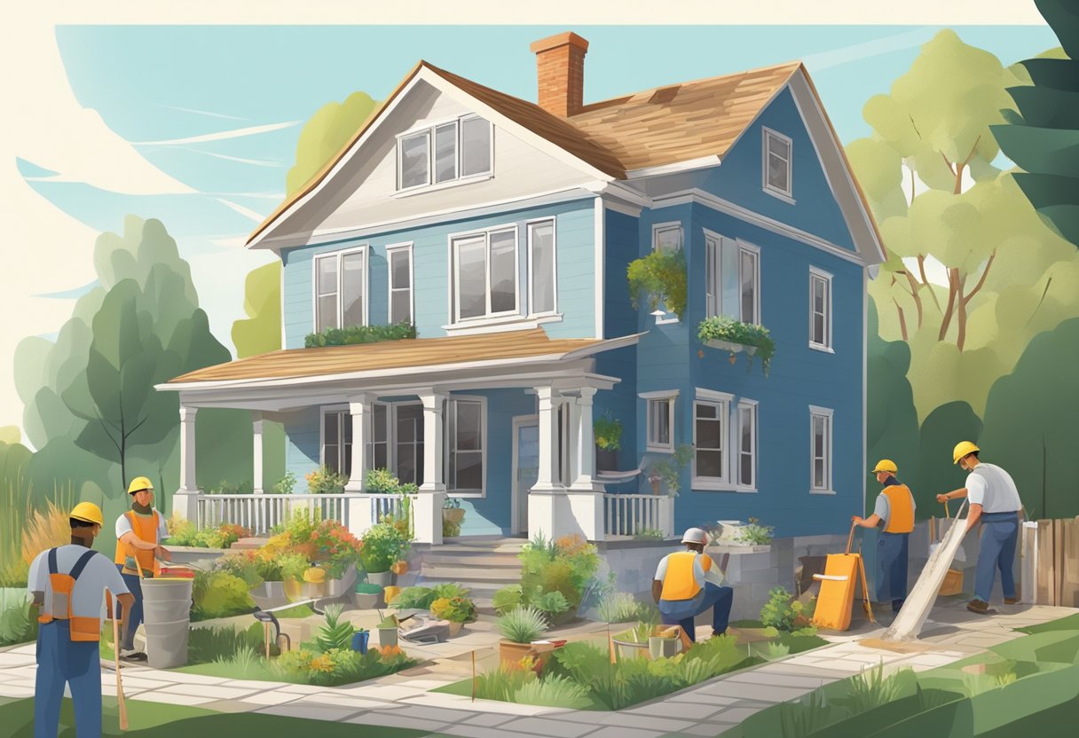 A house undergoing renovation with workers, tools, and materials scattered around. A new coat of paint, windows being replaced, and a fresh garden being planted