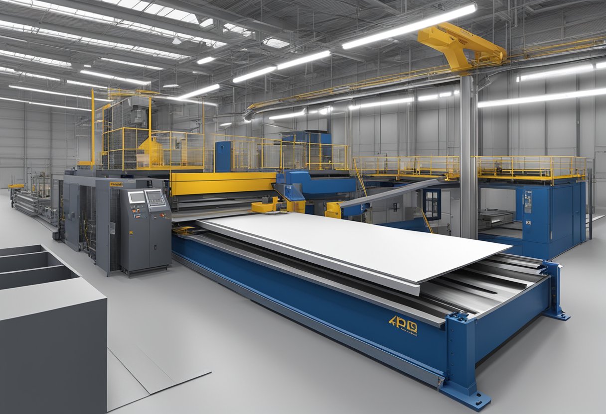 Machines cut, layer, and press aluminum sheets and polymer core to create 4x8 composite panels