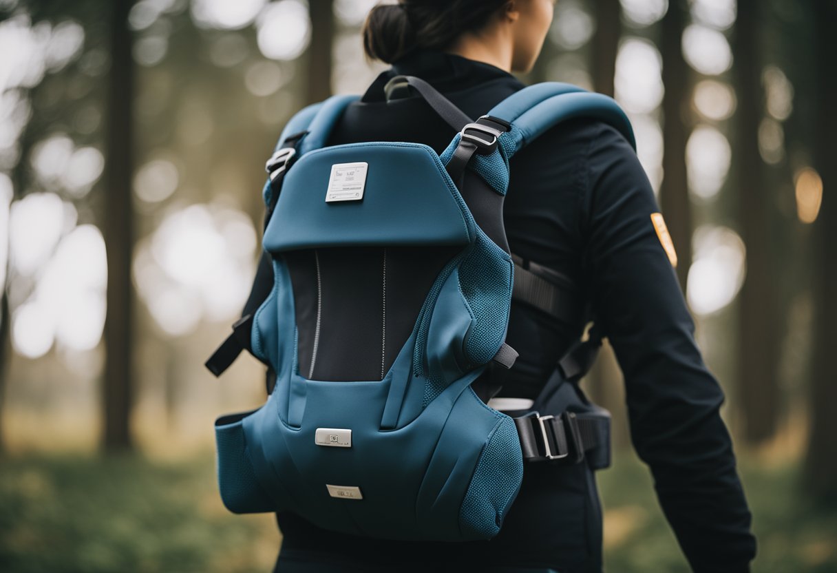 A baby carrier with a visible expiration date, surrounded by safety and performance indicators