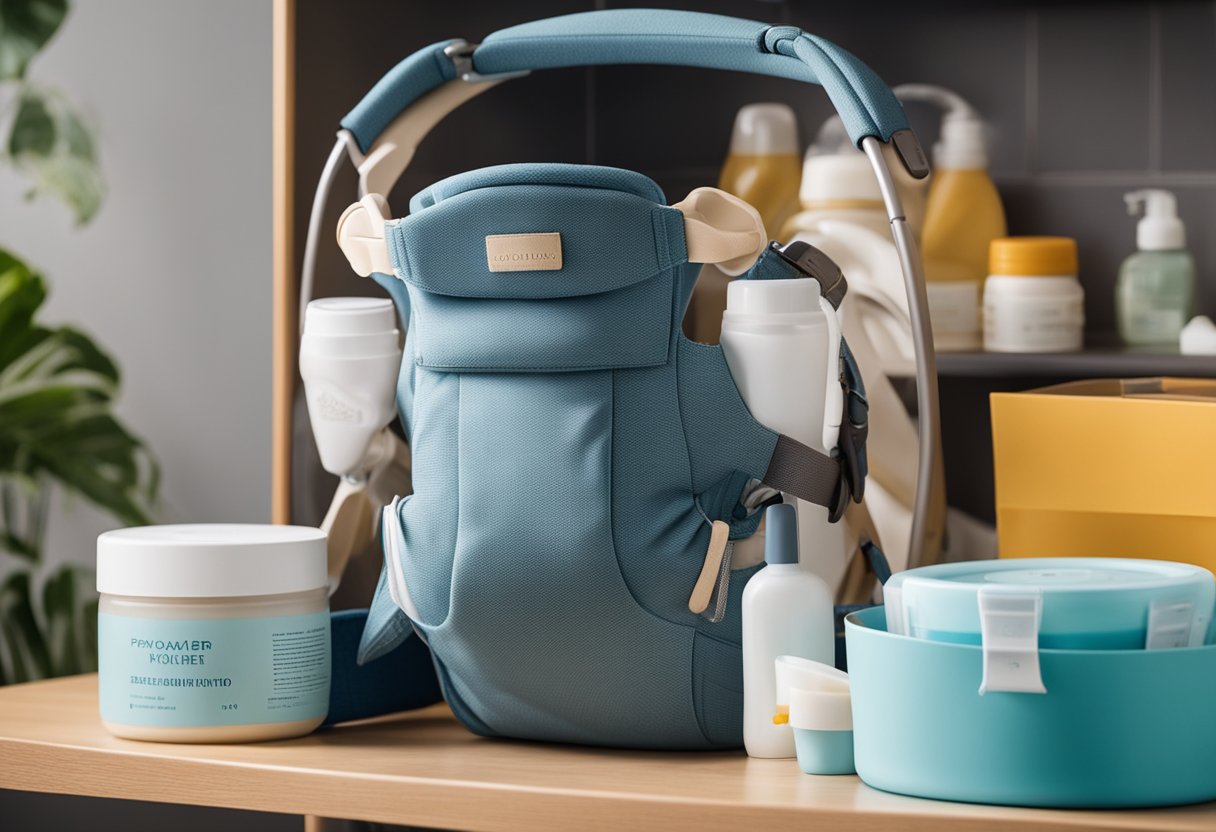 A baby carrier lays on a shelf, surrounded by various baby care items. The expiration date is clearly displayed on the label