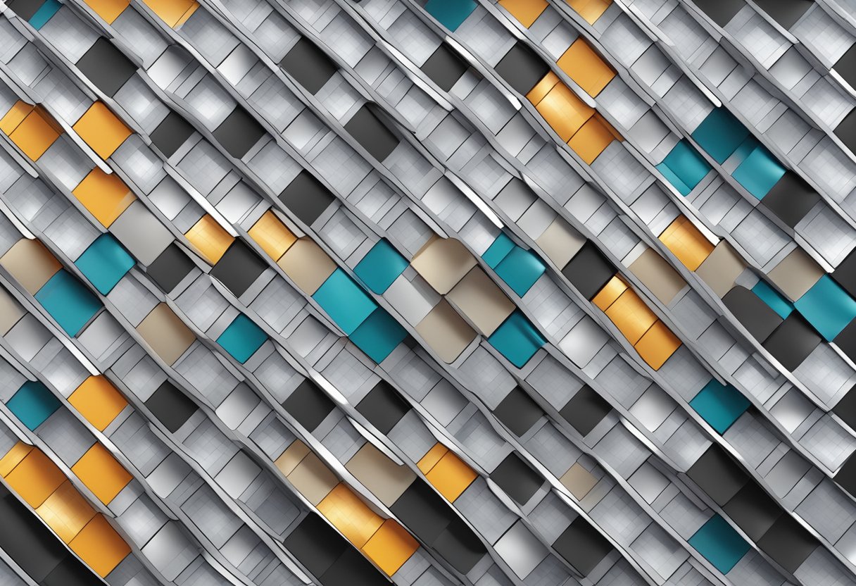 A stack of aluminum composite panel sheets arranged in a geometric pattern with a glossy finish and smooth texture