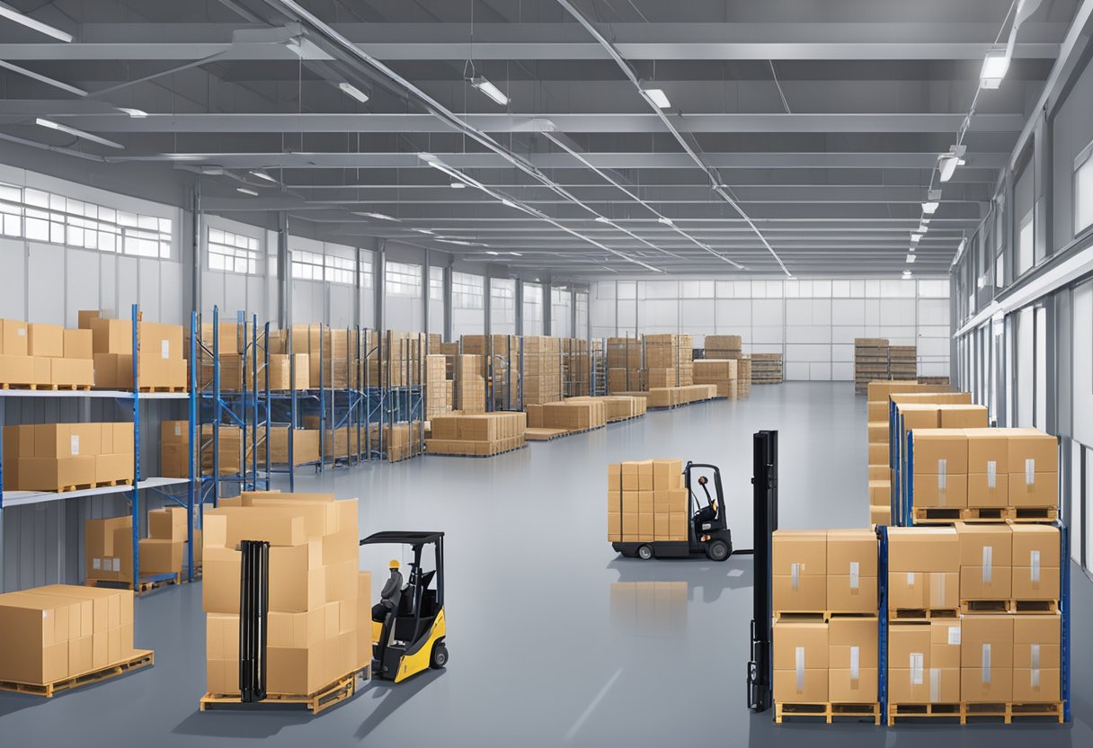 An industrial warehouse with stacks of aluminum composite panels, forklifts moving materials, and workers packaging products