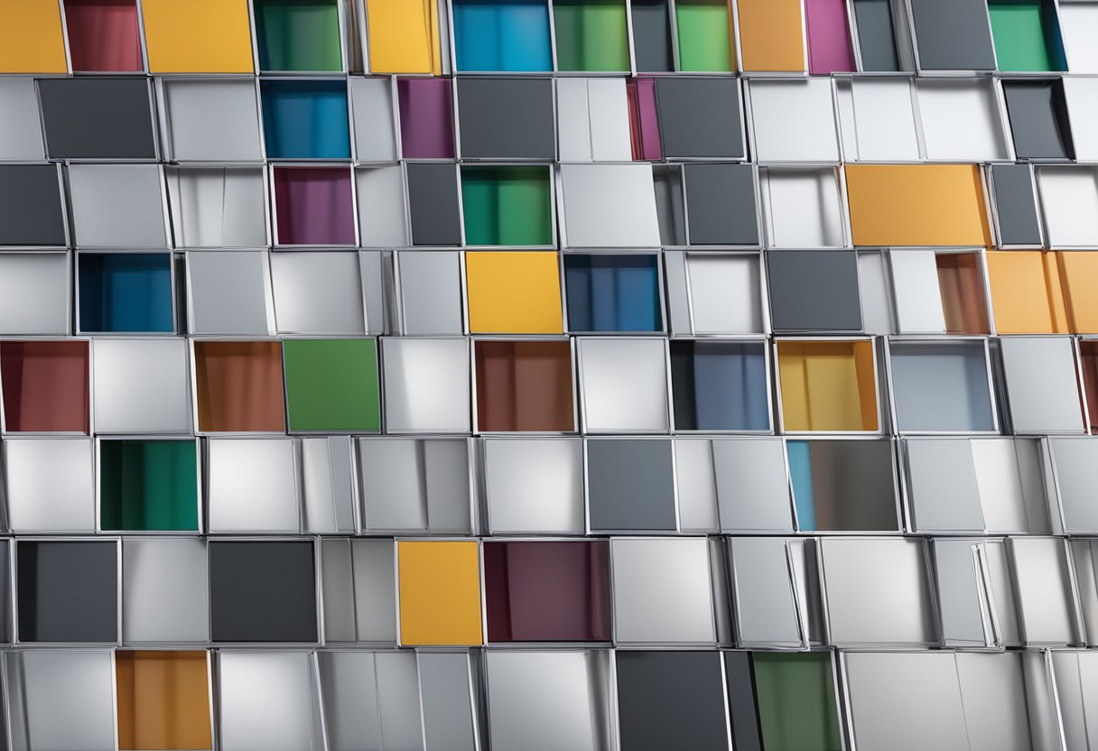 Aluminum composite panels stacked in various colors and textures, with suppliers' logos visible