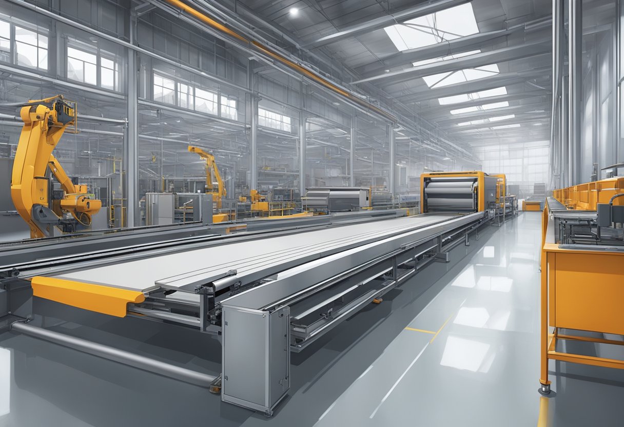 A factory floor with large machines and conveyor belts, producing aluminum composite panels in a modern industrial setting