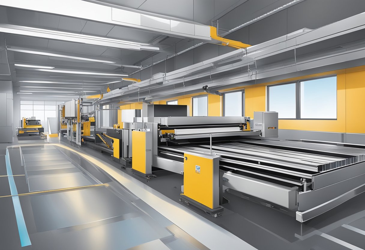 Machines cut, layer, and press aluminum sheets and plastic core to create composite panels
