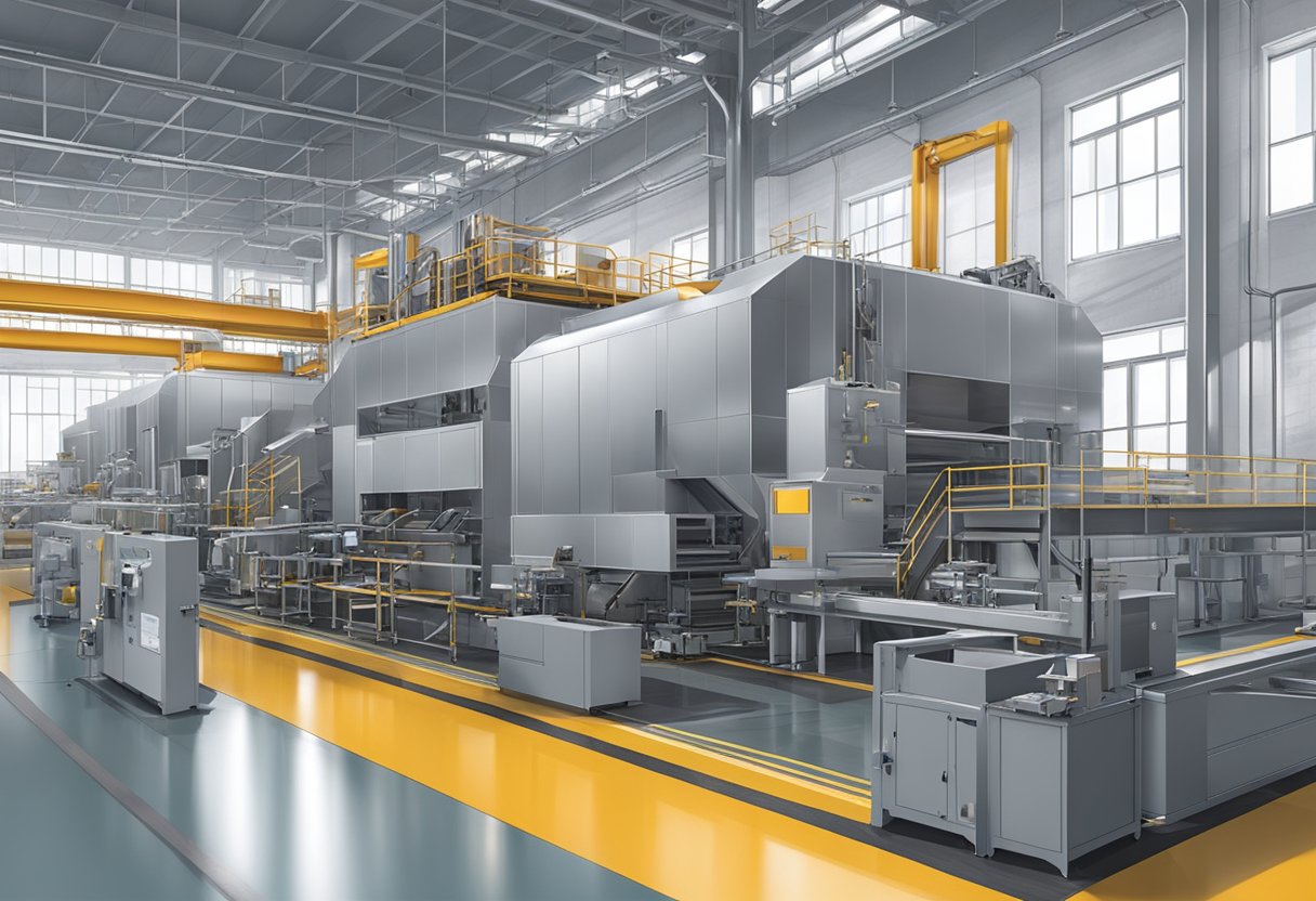 Machines cut, shape, and bond aluminum panels in a factory setting