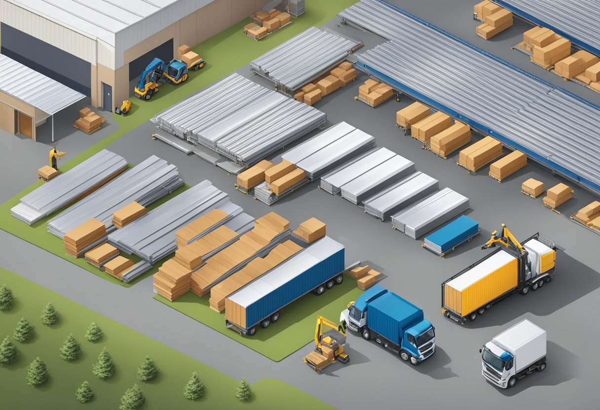 An aerial view of a warehouse with stacks of aluminum composite panels, a delivery truck unloading more panels, and workers organizing the inventory