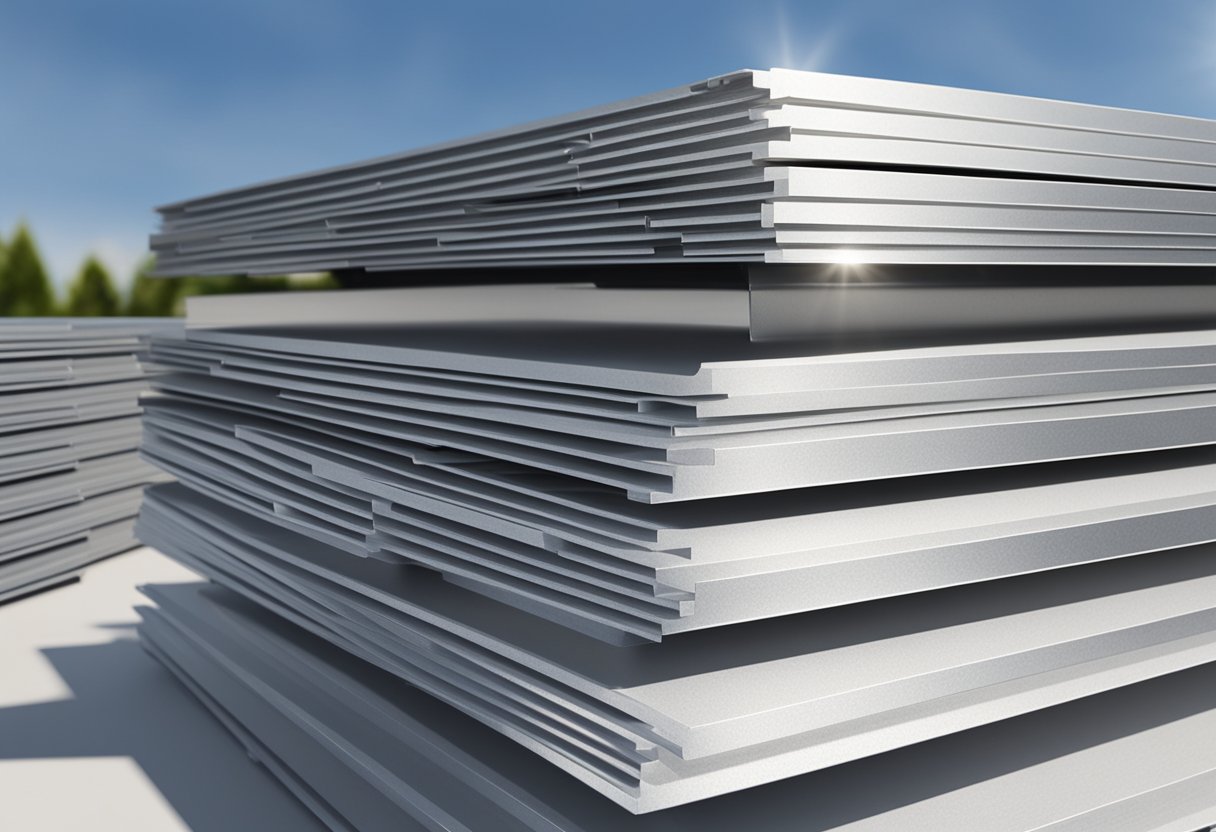 Aluminum composite panels stacked neatly, reflecting sunlight, with a supplier's logo in the background