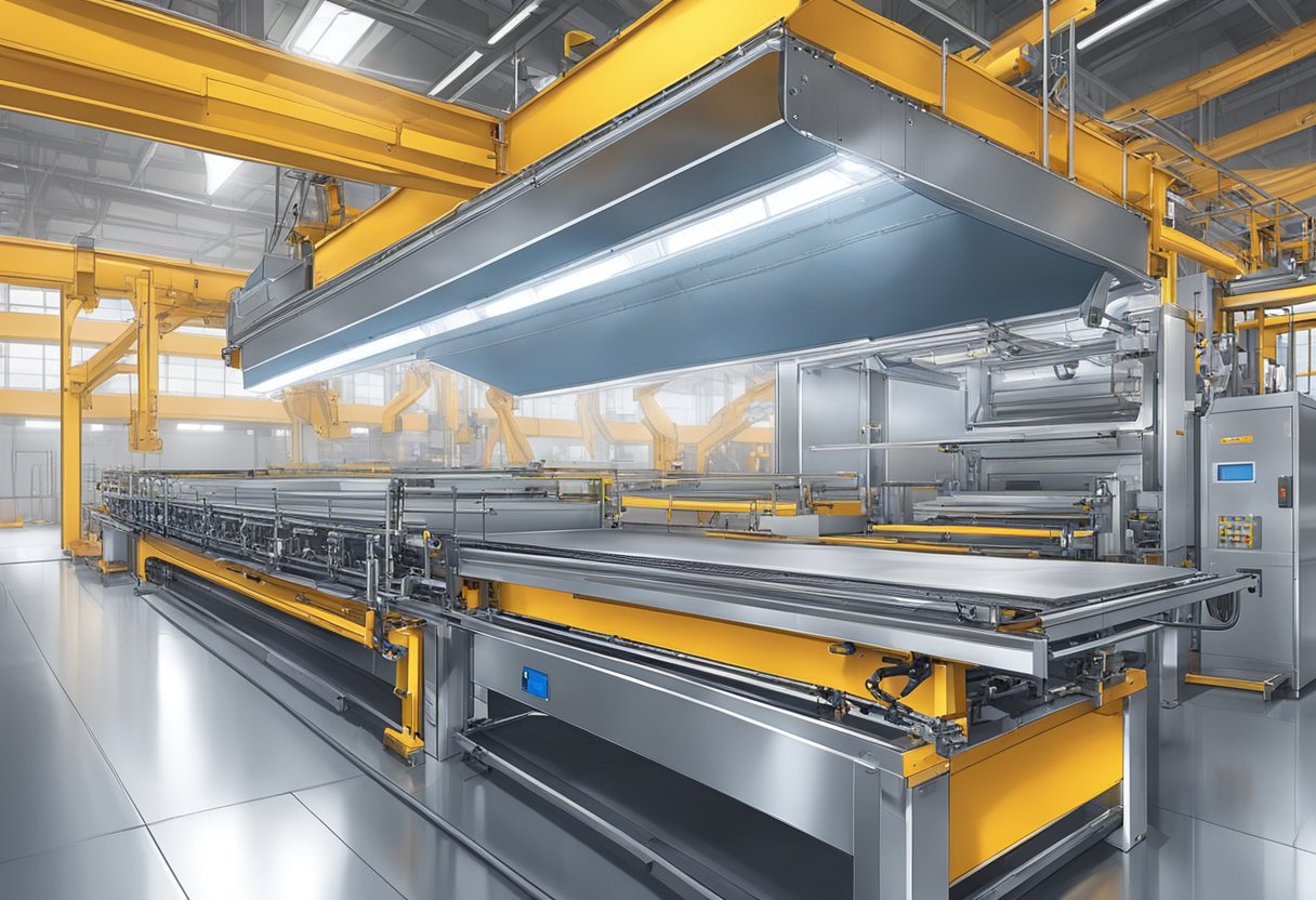 Machines assemble aluminum layers into a sandwich panel. Materials move along conveyor belts, and robotic arms secure them together. Sparks fly as the panel is welded and polished