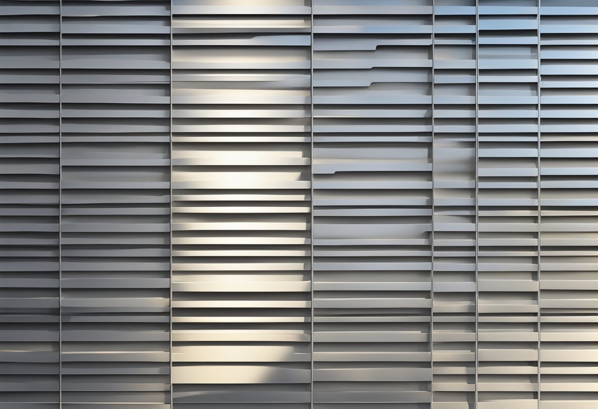 An aluminum louver panel is mounted on a wall, reflecting sunlight and casting geometric shadows