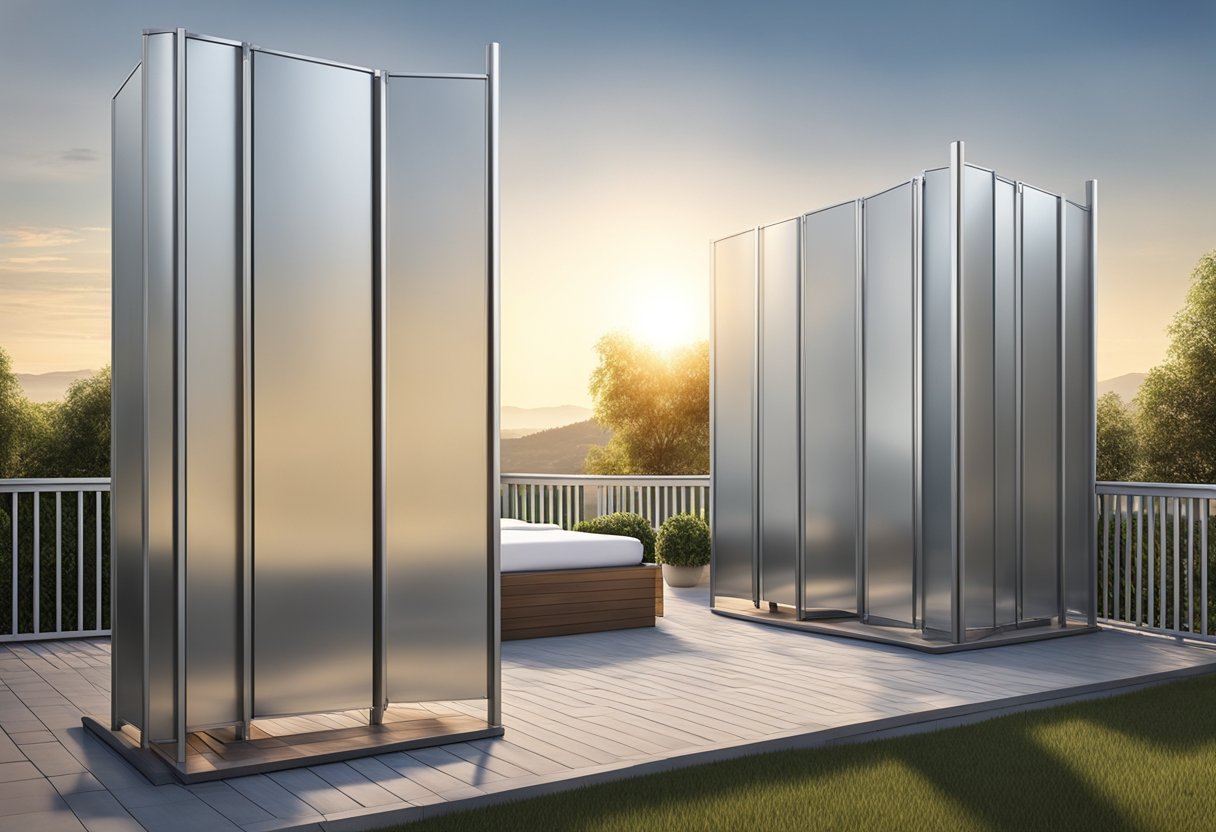 An aluminum privacy panel stands tall, reflecting the sunlight with its sleek surface. It provides a sense of seclusion and security in the outdoor space