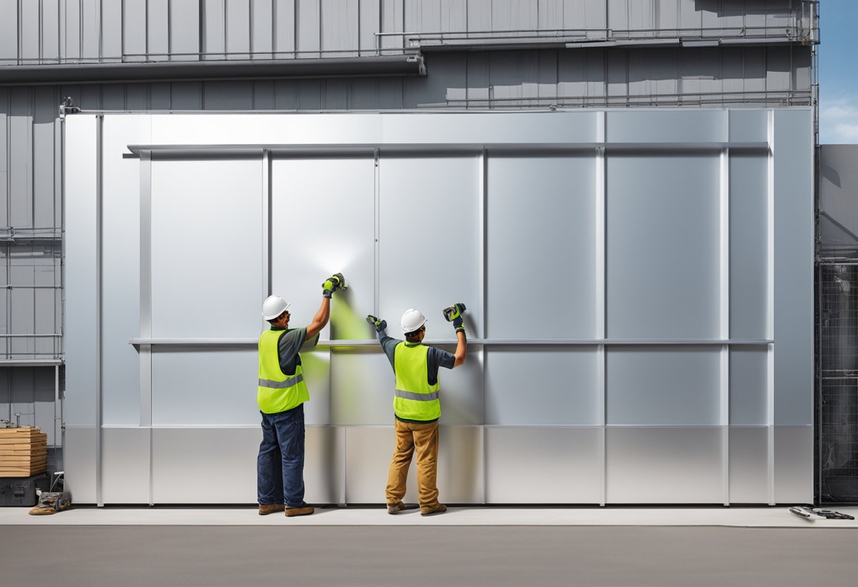 An aluminum panel being lifted and secured onto a wall by two workers using power tools