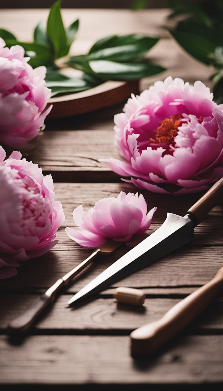 Peonies being carefully divided with a sharp tool on a wooden table