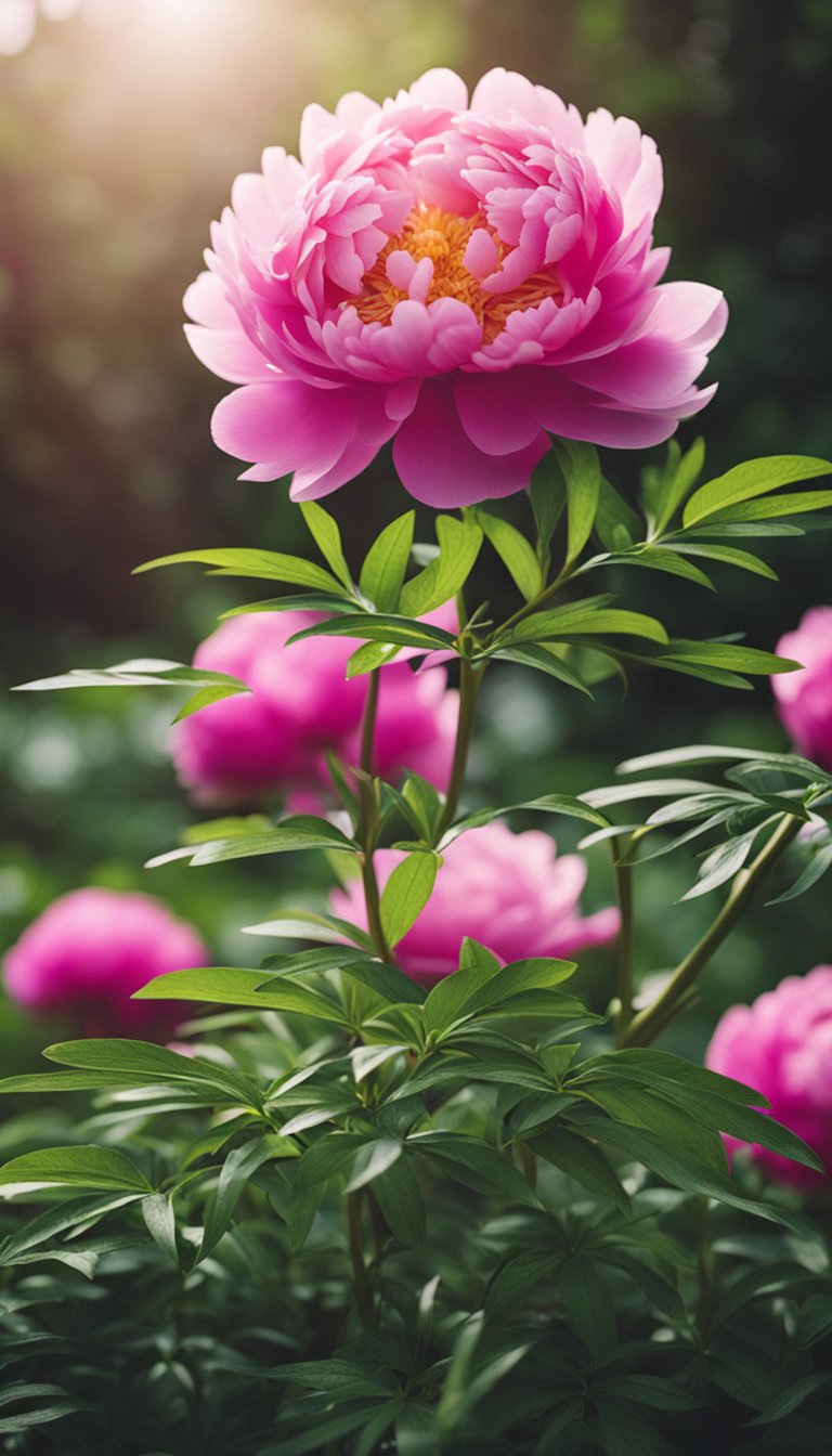 A vibrant peony plant in full bloom, surrounded by lush green foliage. A gardener gently separates the roots to propagate new plants