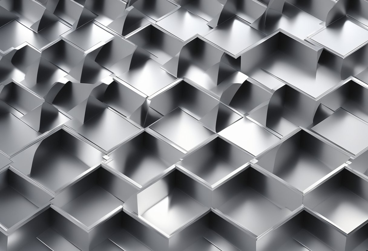 An array of aluminum composite panels, stacked and arranged in a warehouse, reflecting the light and casting shadows