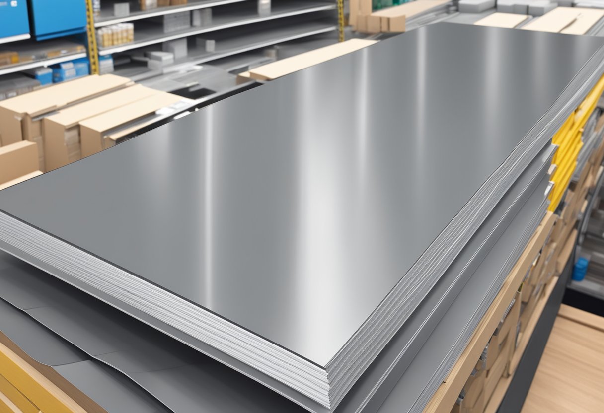 A 4x8 aluminum composite panel is displayed in a hardware store with a price tag attached