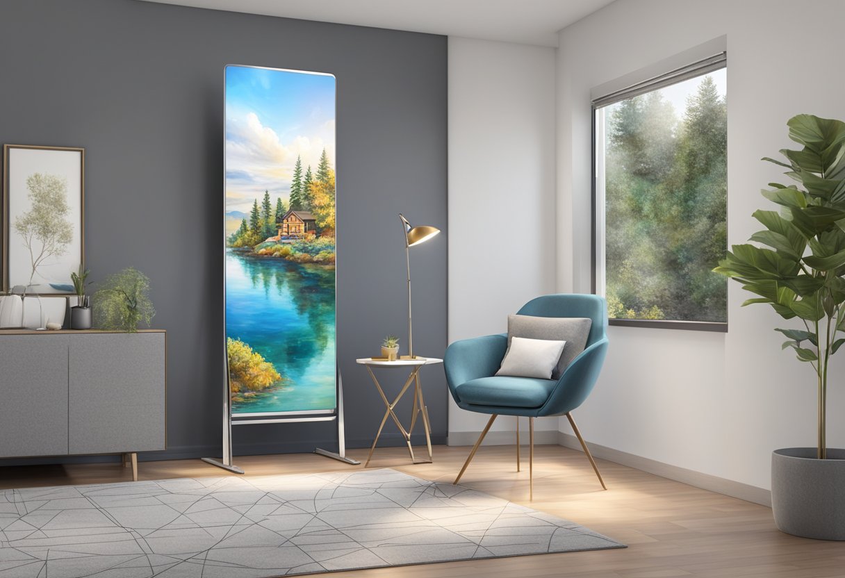 An aluminum composite panel stands upright, measuring 4x8 feet, with a sleek metallic finish catching the light
