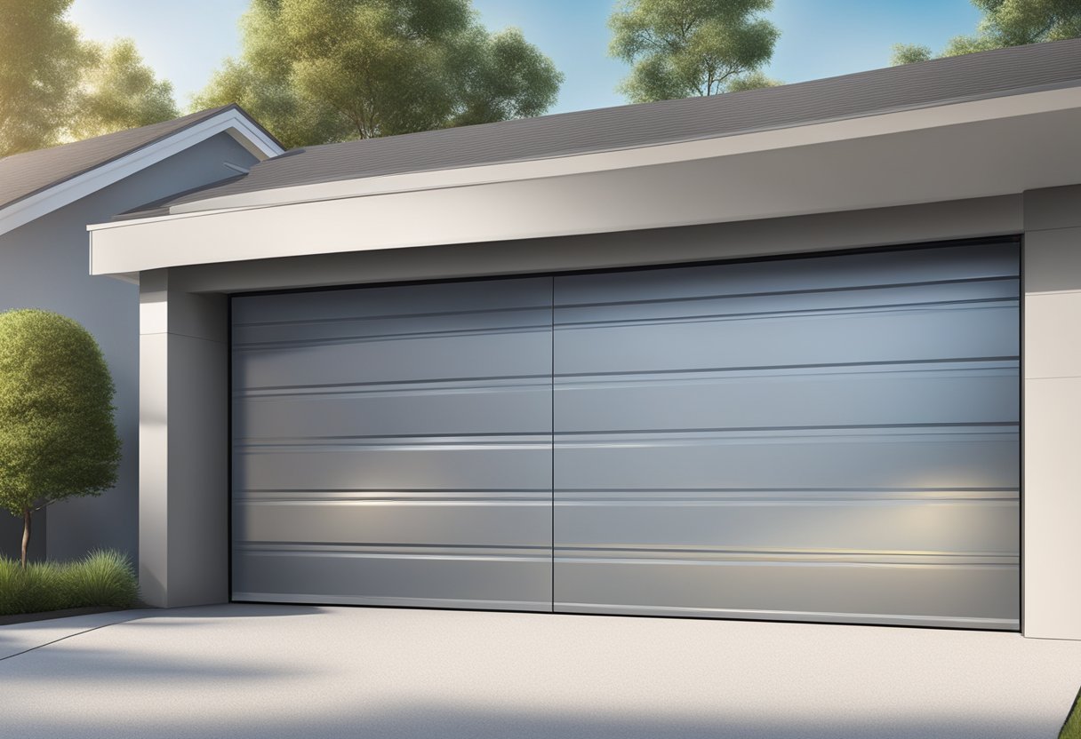 An aluminum garage door panel reflects sunlight, showing its sleek, modern design