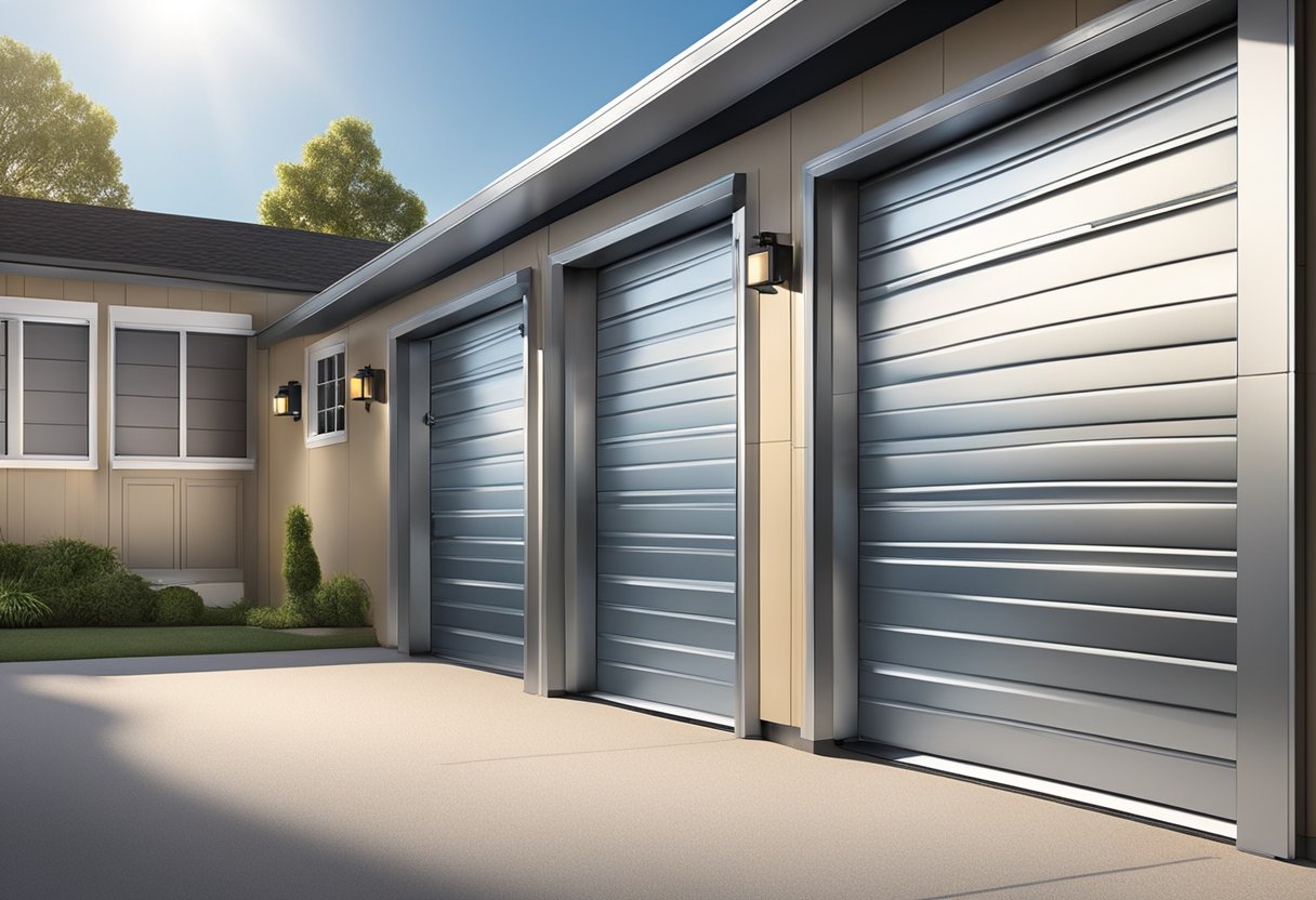 Several aluminum garage door panels are stacked against a wall, showcasing different designs and textures. The sunlight reflects off the smooth surfaces, creating a metallic sheen