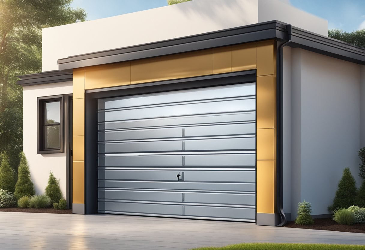 A shiny aluminum garage door panel reflects sunlight, showcasing its durability and modern aesthetic