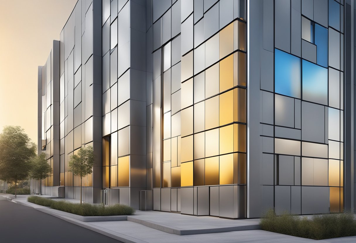 An extruded aluminum panel gleams in the sunlight, its sleek surface reflecting the surrounding environment. The panel is mounted on a clean, modern building facade, adding a touch of industrial sophistication to the architecture