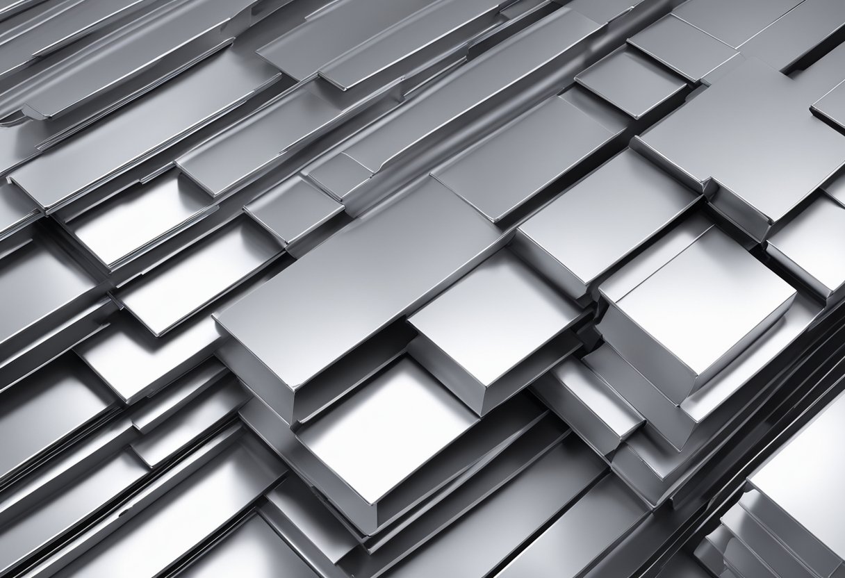 Aluminum panel extrusions stacked in a warehouse, with various lengths and sizes. The shiny metal reflects the overhead lights, creating a pattern of shadows and highlights