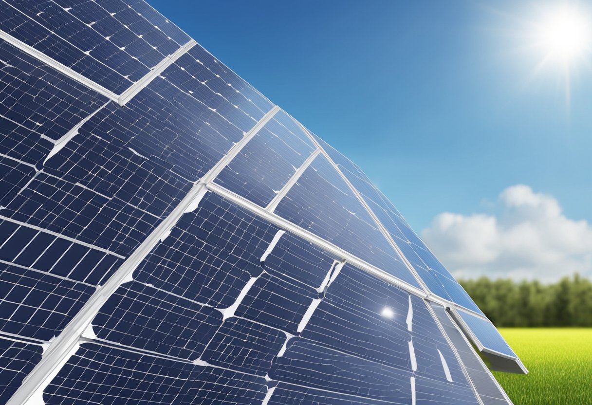 A solar panel with an aluminum frame stands against a clear blue sky