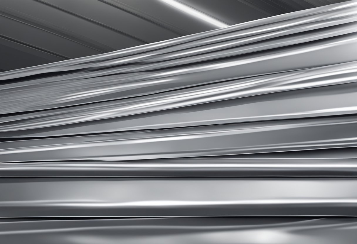 Aluminum panel sheets stacked in a warehouse, reflecting light with their smooth, metallic surface