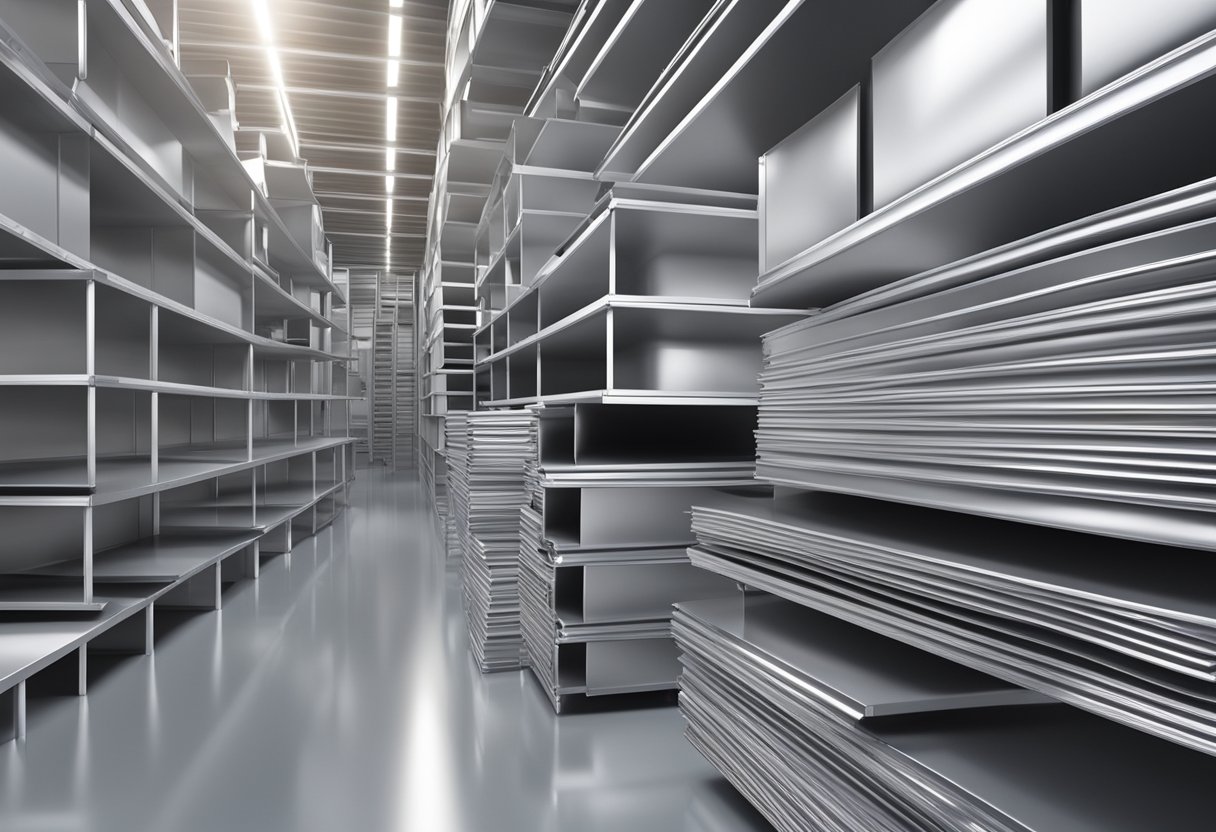 Aluminum panel sheets stacked in a warehouse, varying in size and thickness, with a metallic sheen and smooth surface