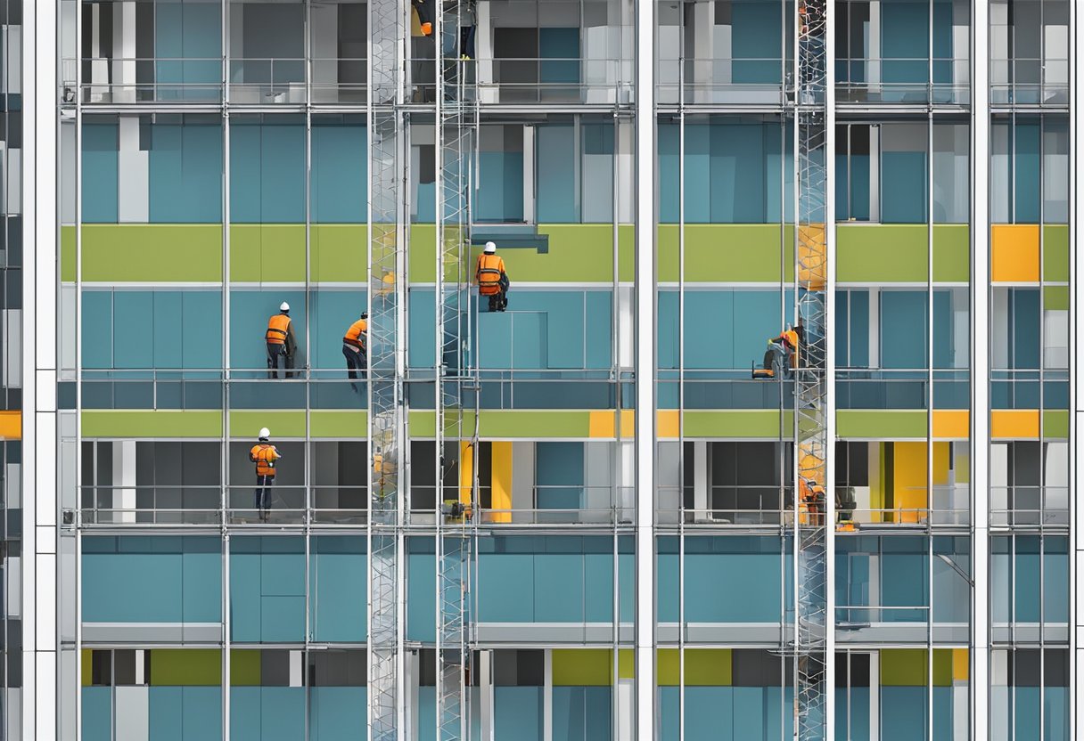 Exterior aluminum panels being installed on a modern building facade, with workers using cranes and scaffolding to position and secure the panels in place