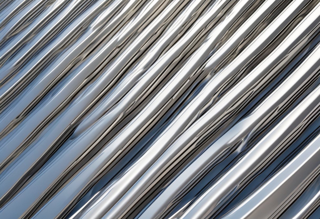 An aluminum sheet panel reflects sunlight, with visible ridges and a smooth surface