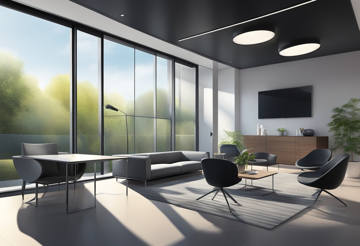 A black aluminum panel reflects light in a sleek, modern space