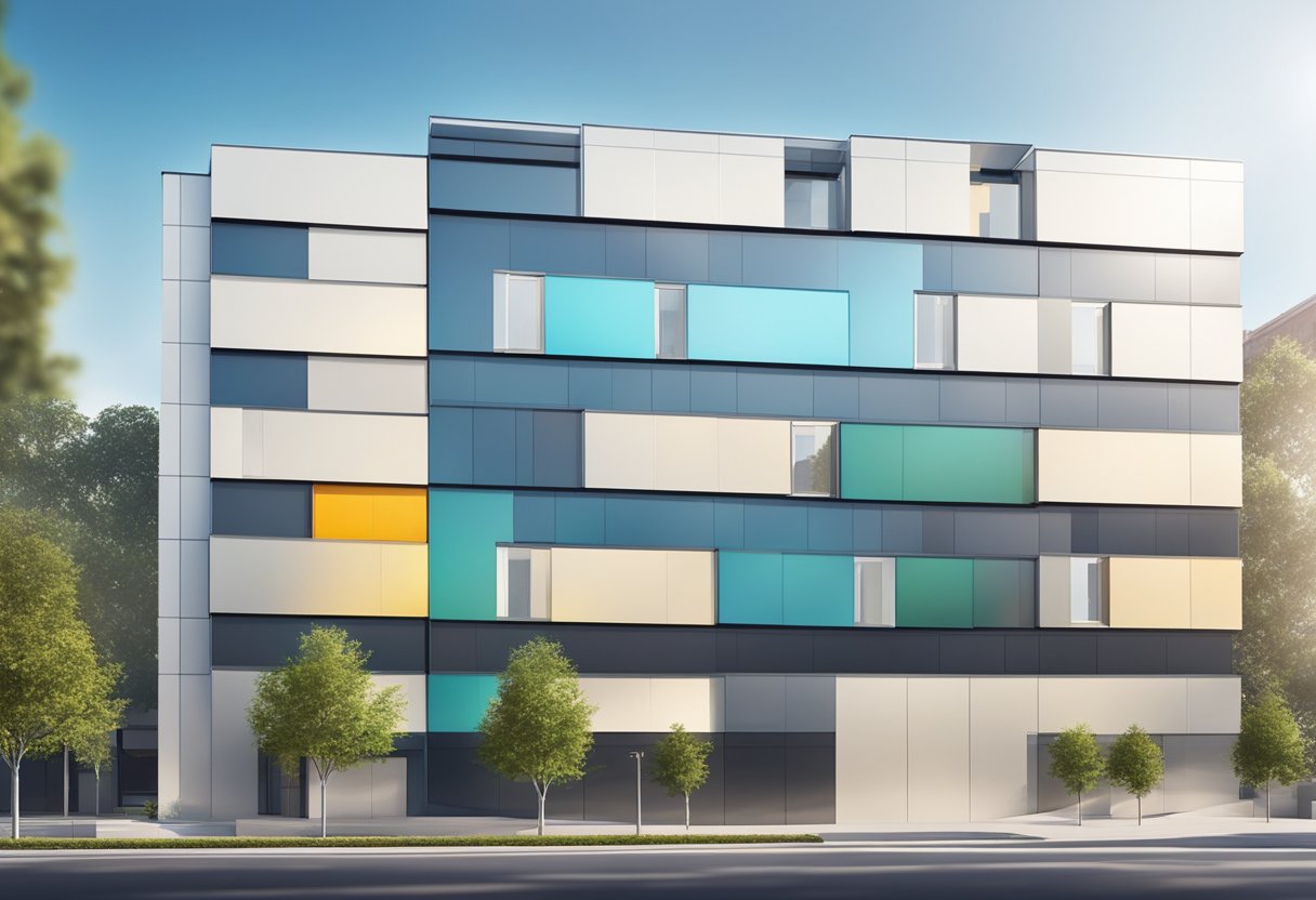 An aluminum composite panel, alucobond, reflects sunlight against a modern building facade