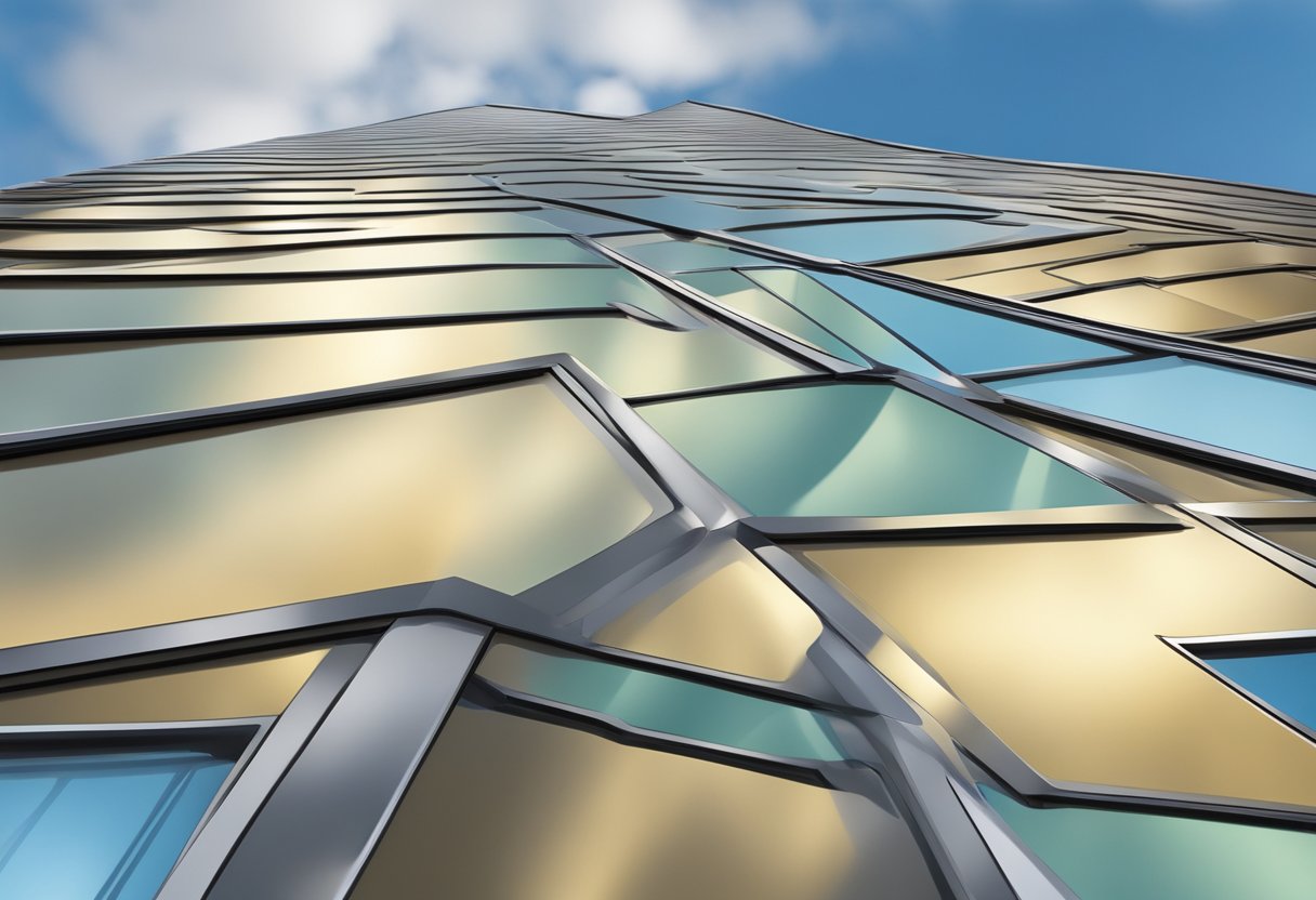 A close-up of an alucobond panel, showing its smooth surface and metallic sheen, with a reflection of surrounding buildings and sky