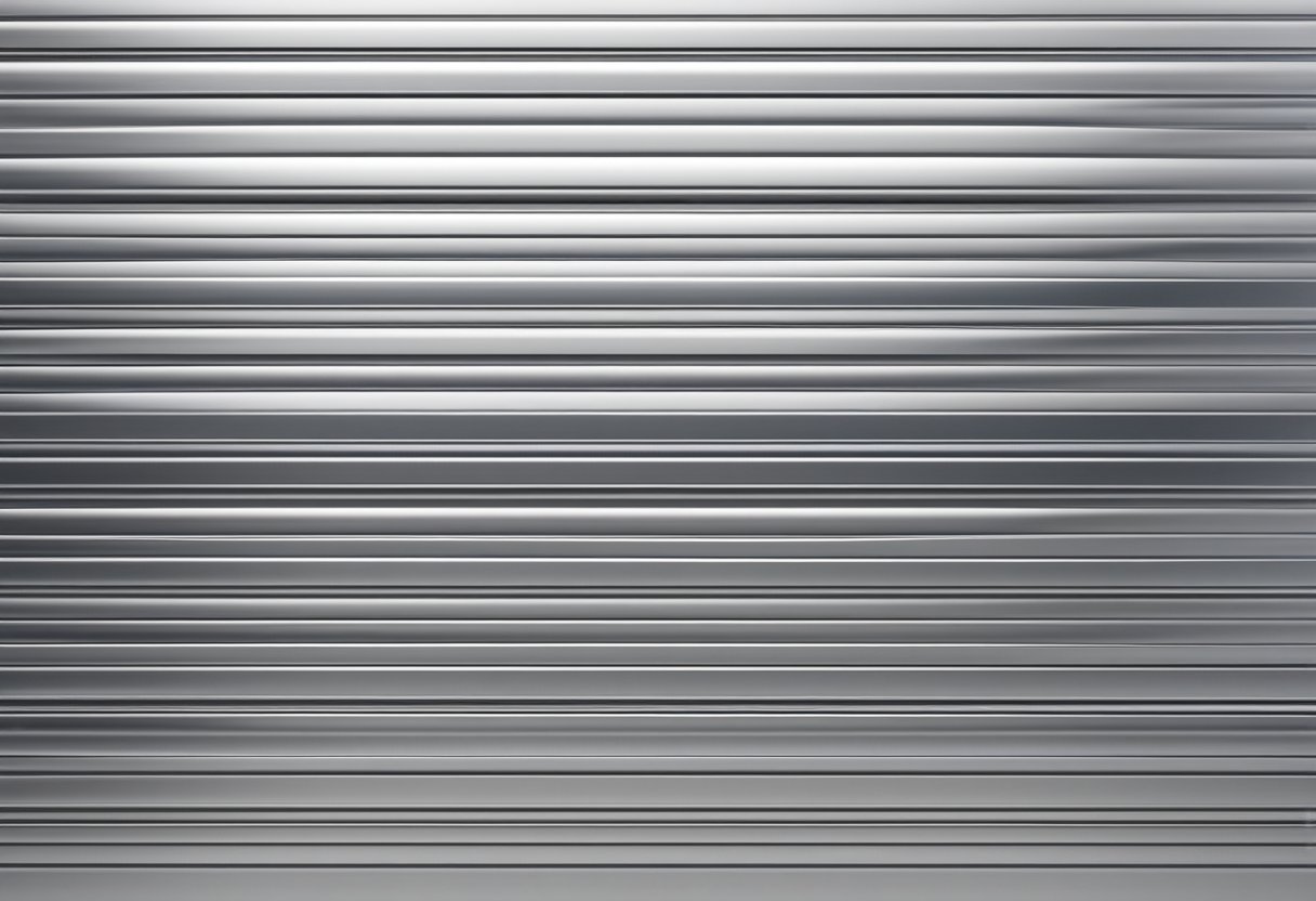 An aluminum slatwall panel hangs on a white wall, reflecting light with its sleek metallic surface