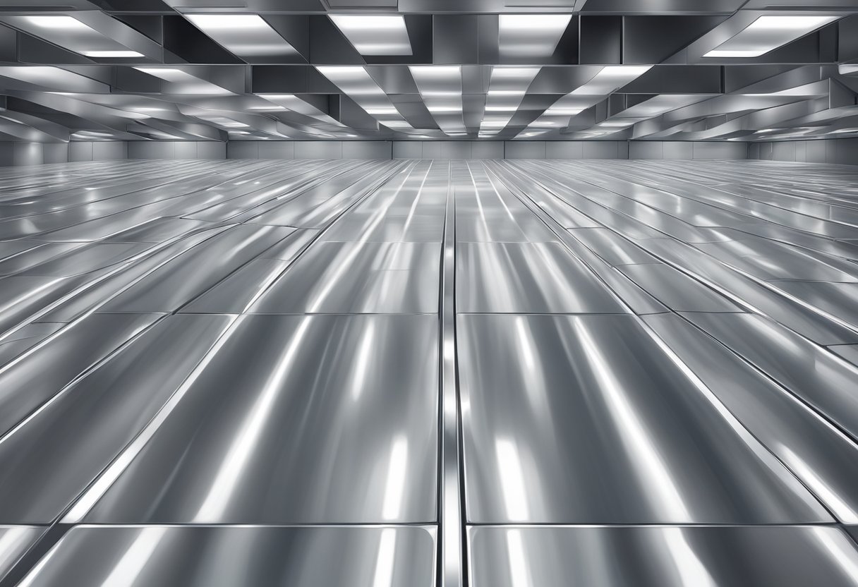 A shiny aluminum floor panel reflects overhead lights in a clean, industrial space