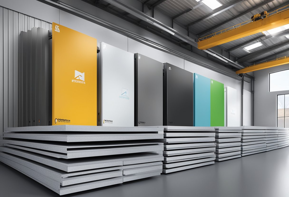 Alucobond panels stacked in a warehouse, with logo visible. Machinery in background. Bright lighting highlights sleek, metallic surfaces