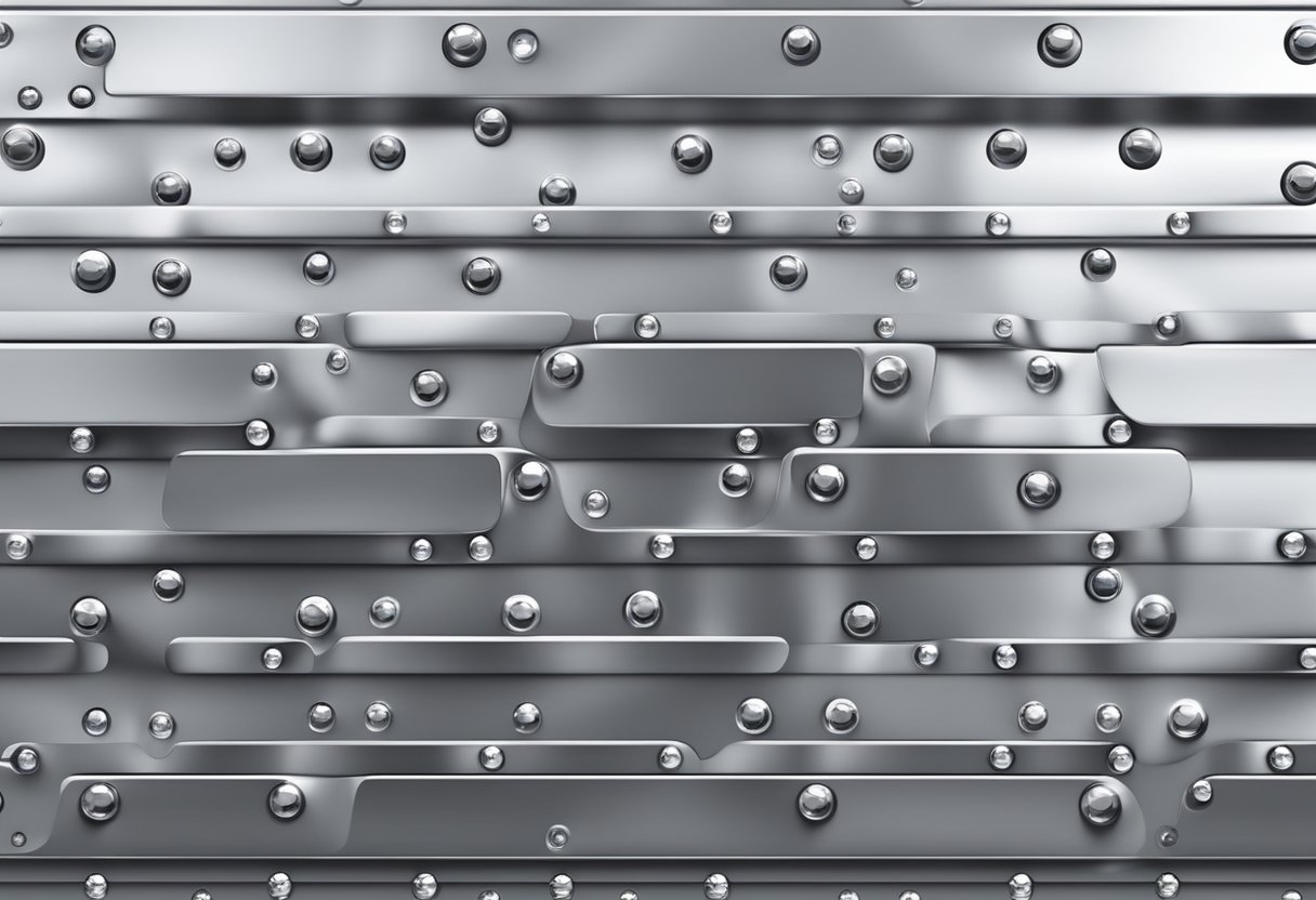 A shiny aluminum metal panel reflects the surrounding environment, with visible rivets and a smooth surface