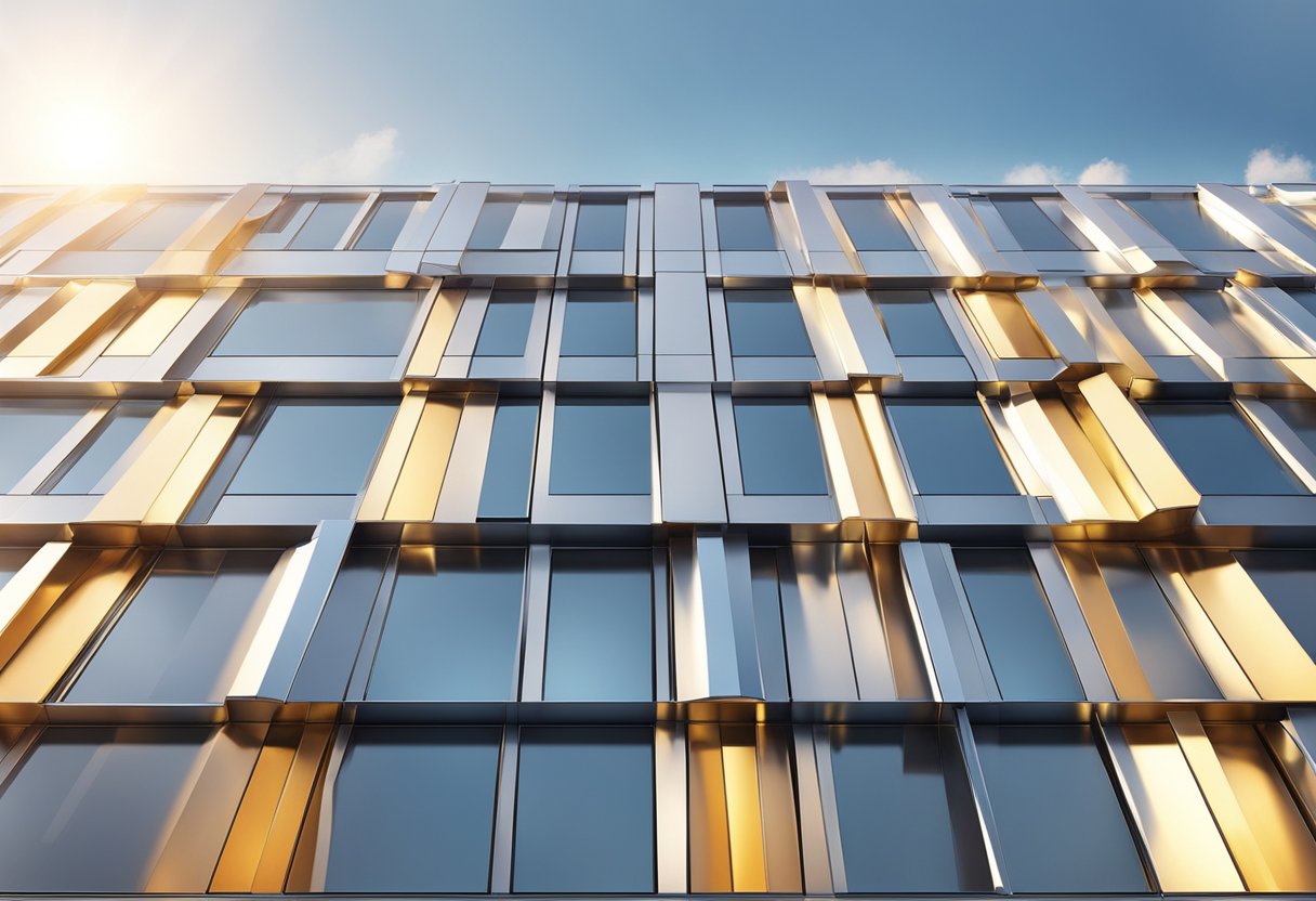 The aluminum facade panel reflects the sunlight, casting a shimmering glow across the building's exterior
