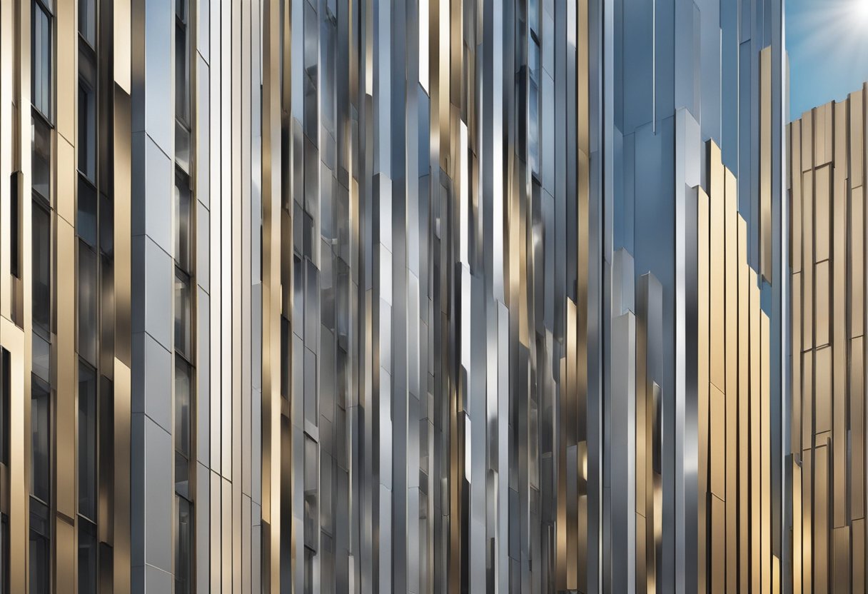 The aluminum facade panel glistens in the sunlight, reflecting the surrounding buildings and sky. Its smooth surface is interrupted by subtle ridges and lines, adding depth and texture to the material