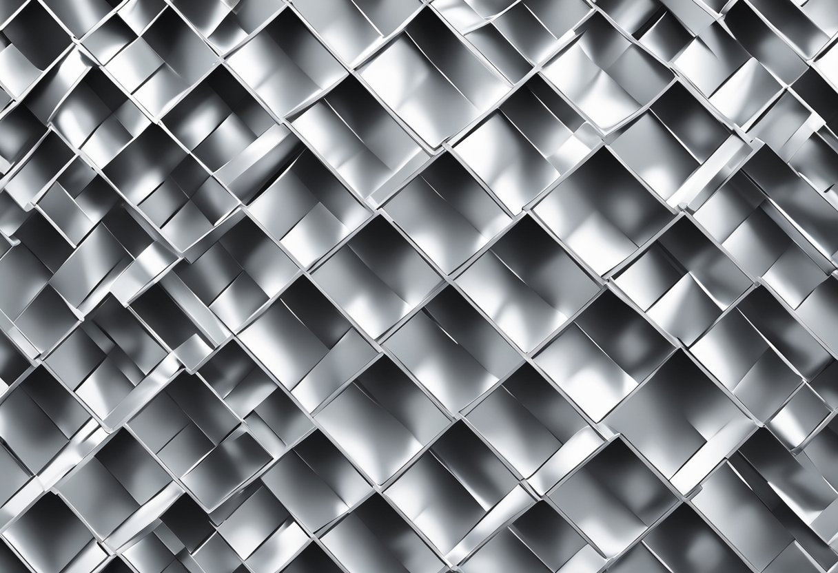 Aluminum mesh panels arranged in a grid pattern, reflecting light and casting shadows. The panels are lightweight and have a metallic sheen, with small perforations evenly spaced throughout