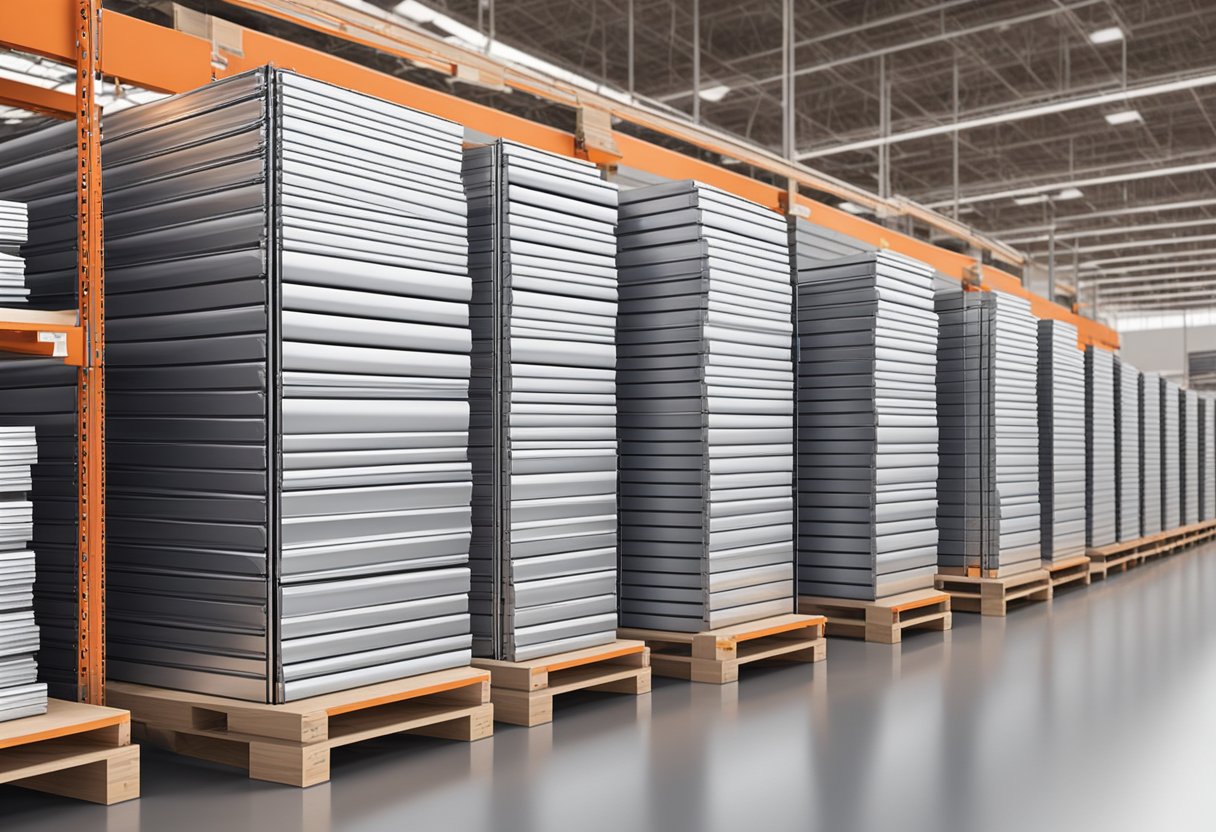 An aluminum panel is stacked in the aisle at Home Depot