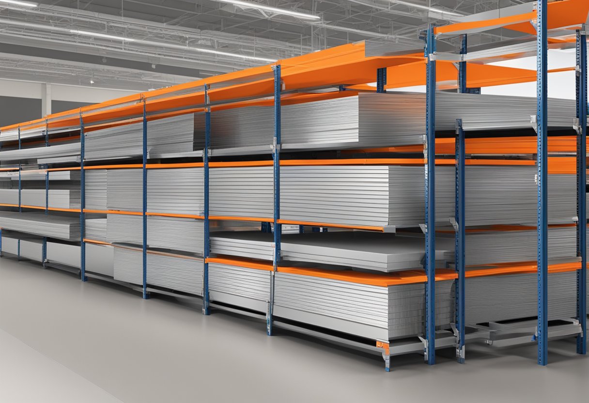 Various aluminum panels stacked on shelves at Home Depot, labeled with different sizes and finishes