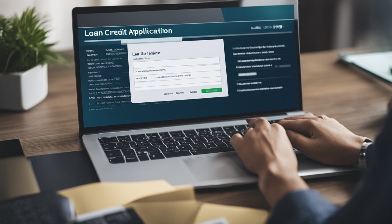 A person fills out a loan application form online, with a laptop and documents nearby. The screen displays options for personal loans with bad credit in Singapore